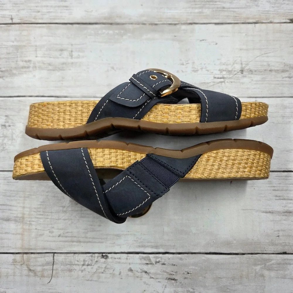 Clarks Reileigh May Comfort Slide Sandal Women 6.5M‎ Navy Blue Wedge Buckle